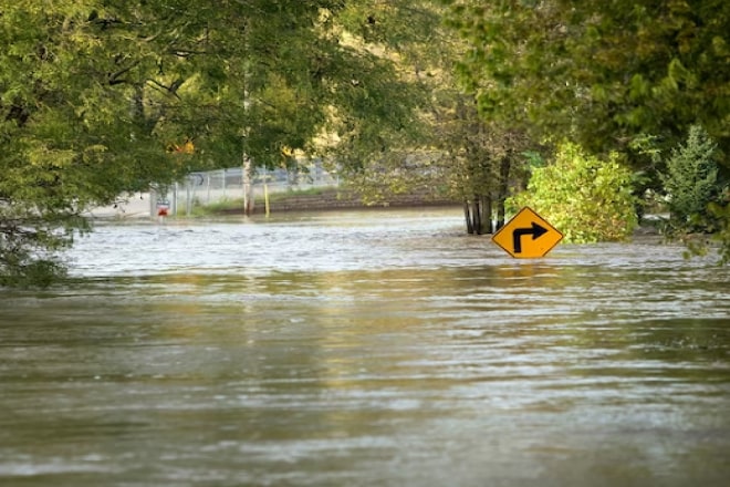 Une zone inondée avec un panneau à peine visible.